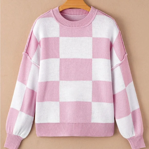 Pink Checkered Bubble Sleeved Crew Neck Knit Sweater - Picture 4 of 11